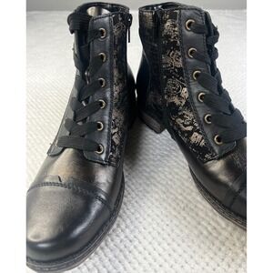 New Remonte TEX Black Floral Print Lace Up Buckle Ankle Boots Women's Size 39